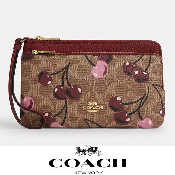 ❤️ Coach Double Zip Wallet In Signature Canvas With Cherry Print - Picture 1 of 9
